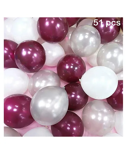Balloon Junction Metallic Balloons Burgundy , Silver & Plain White - Pack of 51 