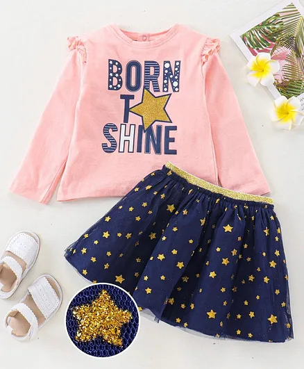 Babyhug Full Sleeves Top & Skirt Text & Star Print - Pink Navy Blue