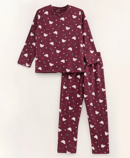 Kanvin Full Sleeves Printed T-Shirt & Pyjama Set - Maroon