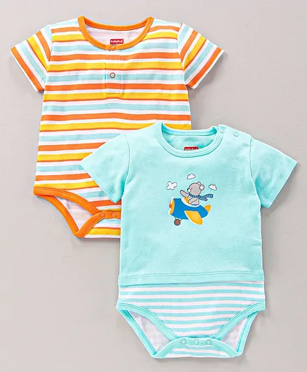 Babyhug 100% Cotton Half Sleeves Onesies Striped & Bear Print Pack of 2 - Multicolor