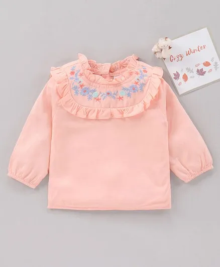 Babyhug Full Sleeves Top with Frill Detailing and Floral Embroidery - Light Peach