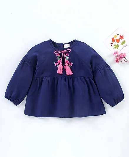Babyhug Full Sleeves Rayon Crinkle-Crepe Top With Draw-String And Floral Embroidery- Navy Blue