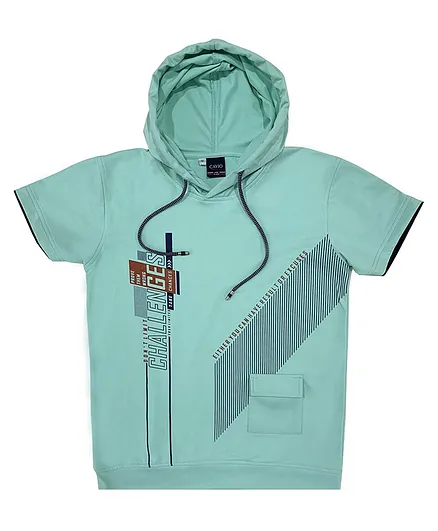 CAVIO Half Sleeves Challenges Printed Hooded T Shirt - Sea Green