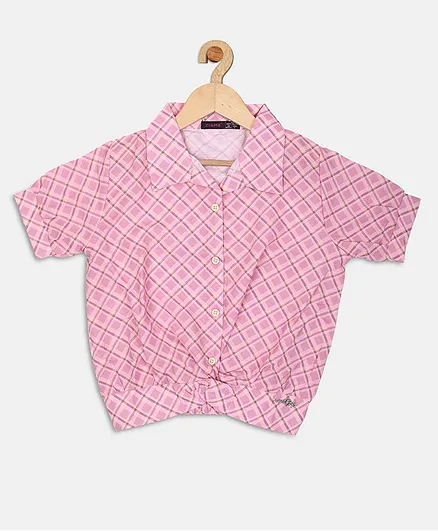 Ziama Half Sleeves Checkered Ruched Detail Shirt Style Top - Pink