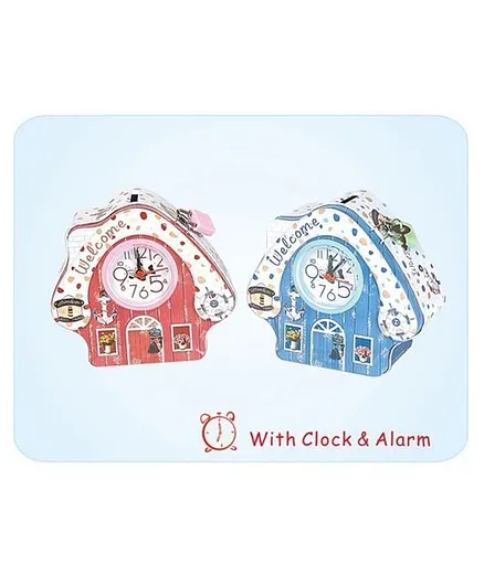 Crackles Hut Tin Money Bank Coin Box Alarm Clock With Lock And Key  - (Color and Design May Vary)