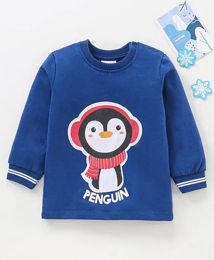 Babyhug Cotton Full Sleeves Winterwear T-Shirt with Penguin Applique & Tipping at Cuff- Blue