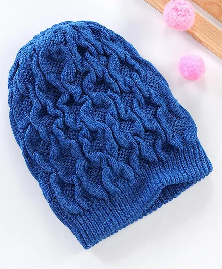 Babyhug Acrylic Blend Cable Knitted Reversible Cap Textured Blue - Diameter 10 cm