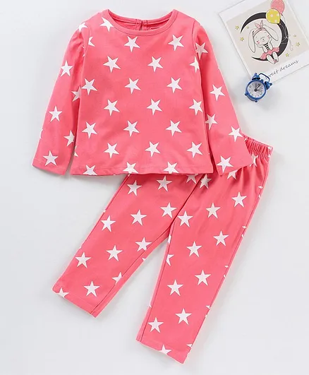Babyhug Full Sleeves Nightwear Pyjama Set Star Print - Pink