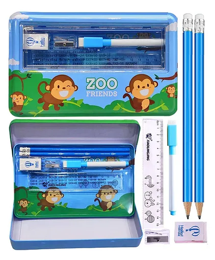 NEGOCIO Pencil Box for Kids, Metal Pencil Box Case with Pencil Eraser Sharpener Stationery Set Double Layer Pencil Case Stationary Organizer for Kids Zoo Friends (Print And Colour May Vary)