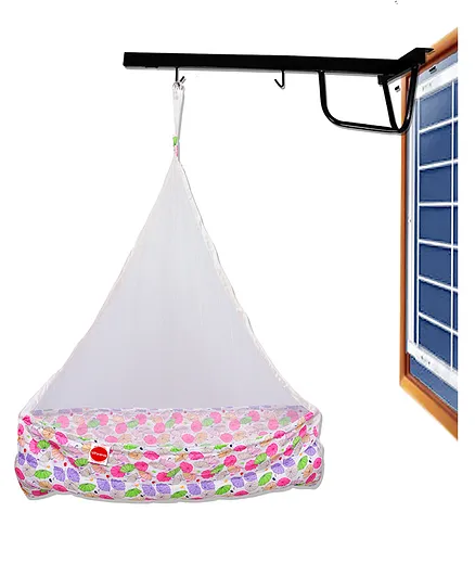 VParents Chunky Baby Cradle with Attached bed and Mosquito net and Window Cradle Metal Hanger - Pink