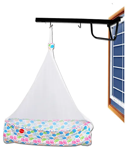 VParents Chunky Baby Cradle with Attached bed and Mosquito net and Window Cradle Metal Hanger - Blue