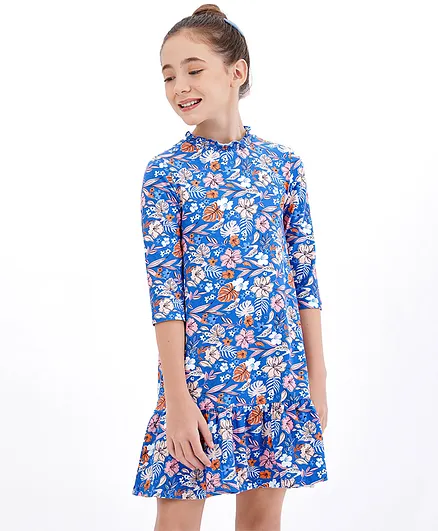 Primo Gino Three Fourth Sleeves All Over Floral Digital Print Dress with Smocking Neck in Cotton Elastane Fabric - Blue