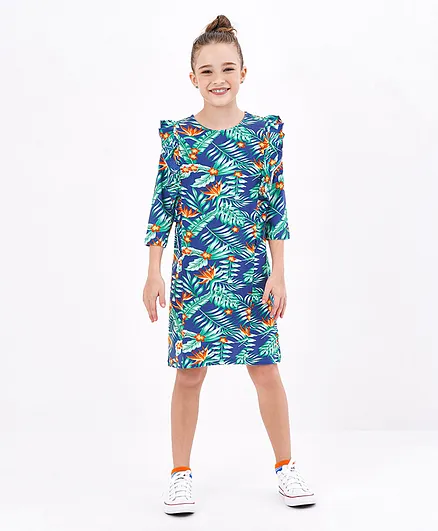 Primo Gino Three Fourth Sleeves All Over Floral Digital Print Dress with Frill Detail in Cotton Elastane Fabric - Navy