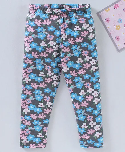 Babyhug Full Length Knit Leggings Floral Print - Navy Blue