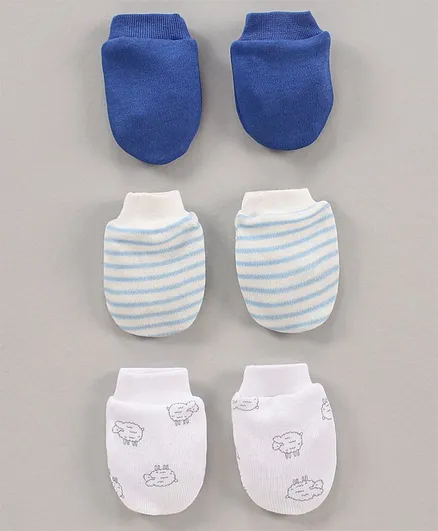 Ben Benny Cotton Knit Mittens Set Solid & Multi Print Pack of 3 - Blue White