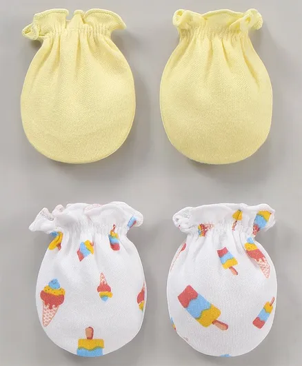 Ben Benny Cotton Knit Mittens Set Solid & Ice-Cream Print Pack of 2 - Yellow White