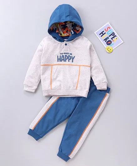 Babyhug Full Sleeves Hooded T-Shirt & Lounge Pant Text Print - White Blue
