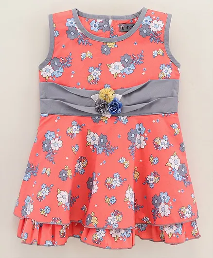 Enfance Core Sleeveless Flower Printed Frill Detailed Casual Dress - Peach