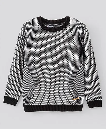 Pine Kids Full Sleeves Fine Knit Jacquard Pattern Sweater- Black