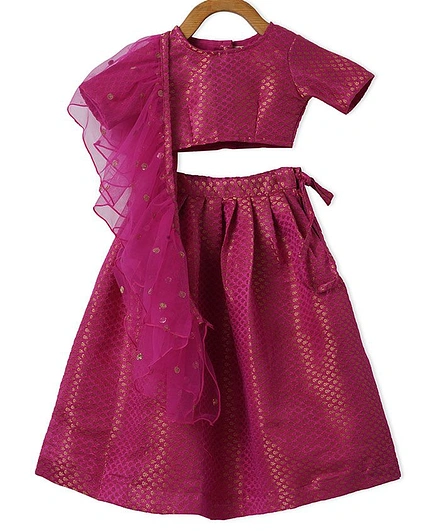 Piccolo Half Sleeves Foil Leaves Printed Choli And Lehenga With Ruffle Detail Embellished Dupatta - Pink