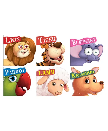 Cutout Board Books: Animals Set of 6 Books Lion, Tiger, Elephant, Parrot, Lamb, Kangaroo - English
