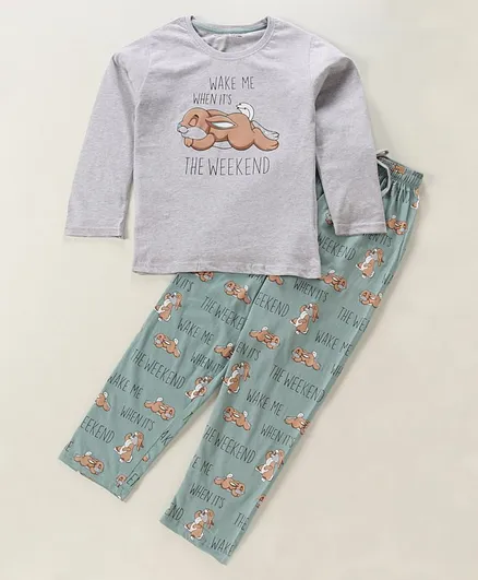 Doreme Full Sleeves T-Shirt & Pyjama Set Text Print - Grey