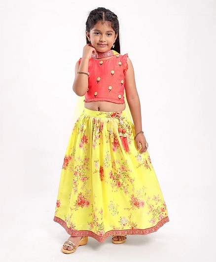 Teentaare Sleeveless Choli & Lehenga With Net Dupatta Floral Print - Pink Yellow
