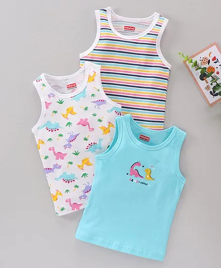 Babyhug 100% Cotton Knit Sleeveless Sando Vests Stripes & Dino Printed Pack of 3 - Multicolour