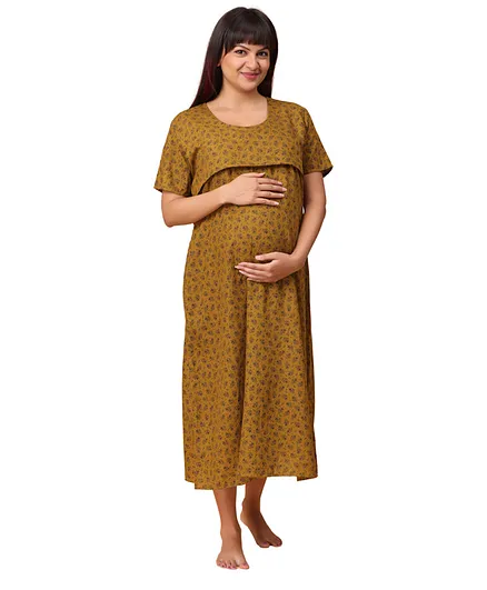 Morph Half Sleeves Floral Print Feeding Maternity Nighty With Horizontal Nursing Access - Brown