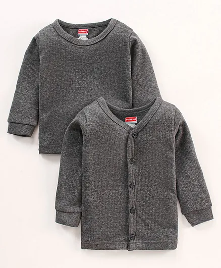 Babyhug Full Sleeves Front Open and Pullover Solid Color Thermal Vests - Dark Grey