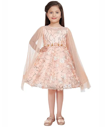 Betty By Tiny Kingdom Bat Wing Sleeves Sequin Embellished And Floral Applique Detail Party Dress - Peach