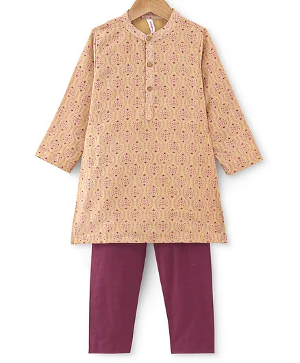 Babyhug Cotton Woven Full Sleeves Kurta & Pajama Set Ethnic Print - Beige