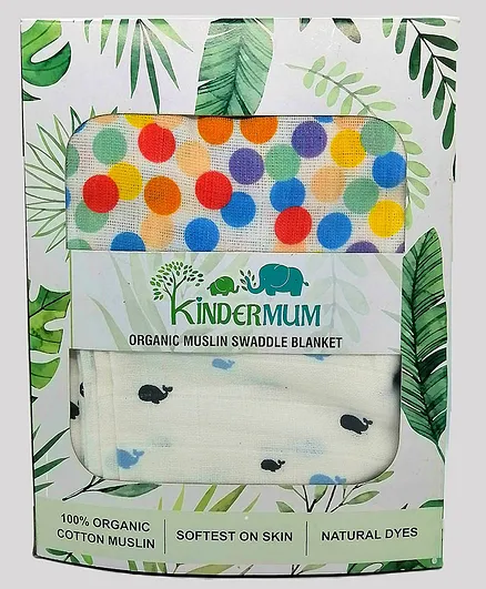 Kindermum Organic Cotton Muslin Swaddle Blanket Large Size 110 cm X 110 cm Set of 2 Colorful Polka & Whale