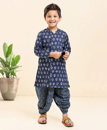 Babyug Full Sleeves Cotton Woven Kurta & Dhoti Set Printed- Indigo