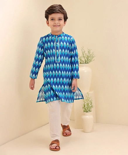 Babyhug Cotton Woven Full Sleeves Kurta & Payjama Set Ikkat Print - Blue
