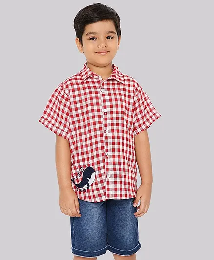 Knitting Doodles Half Sleeves Whale Placement Embroidered & Checked Shirt - Red