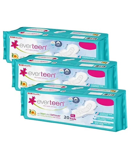 Everteen XL Sanitary Napkin Pads with Neem and Safflower Cottony-Dry Top Layer for Women 3 Packs - 20 Pads Each