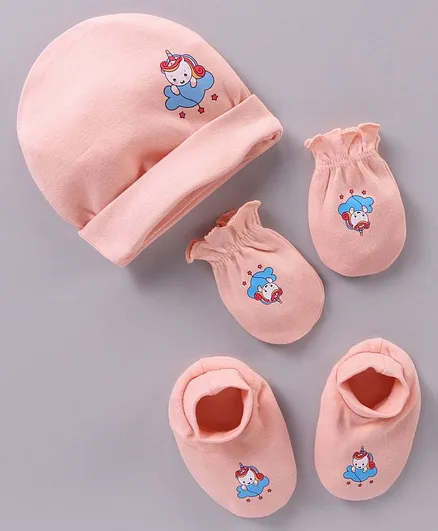 Babyhug 100% Cotton Cap Mittens & Booties Unicorn Print - Peach