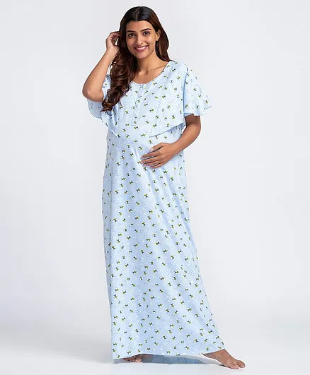 Bella Mama Short Sleeves Maternity Nursing Nighty Honey Bee Print - Light Blue