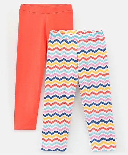 Pine Kids Knit Three Fourth Leggings Biowash With Striped Print and Solid Pack of 2 - Coral & White