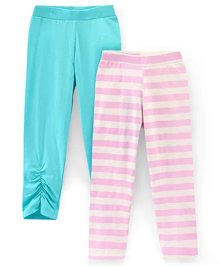 Pine Kids Knit Three Fourth Biowashed Leggings Striped Print And Solid Pack of 2 - Blue White Pink