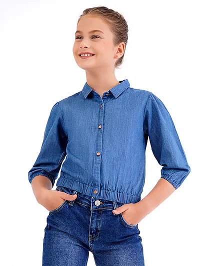 Primo Gino Denim Top With Elasticated Bottom Hem Gold Buttons & Gathered Puff Sleeves - Blue