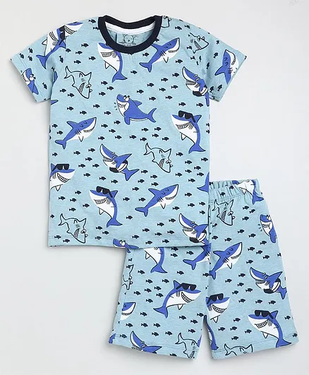 Little Marine Half Sleeves All Over Sharks Print Tee & Shorts Set - Blue