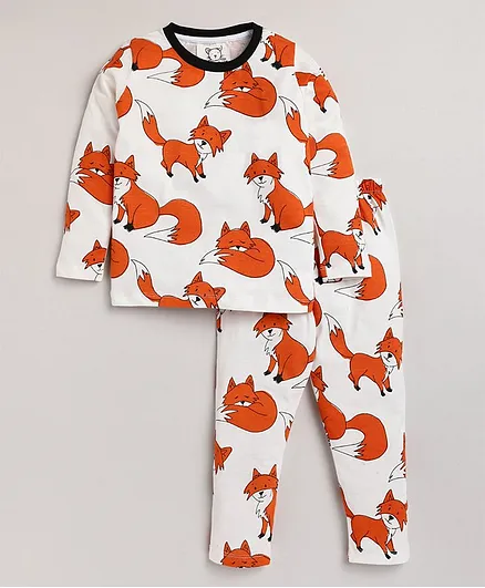 Little Marine Full Sleeves All Over Fox Printed Night Suit - White
