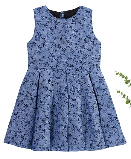 Kadam Sleeveless Floral Printed Box Pleated Dress - Blue