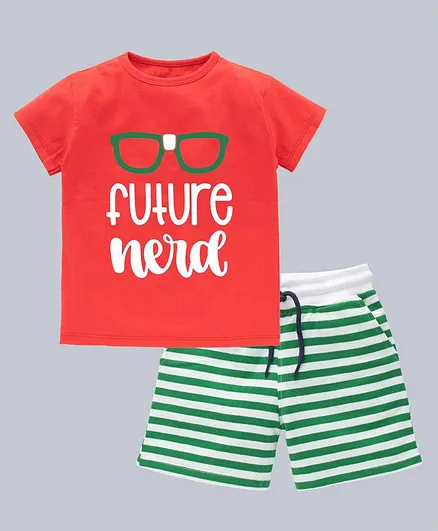 Kadam Baby Half Sleeves Future Mera Printed T Shirt With Striped Shorts -Red Green