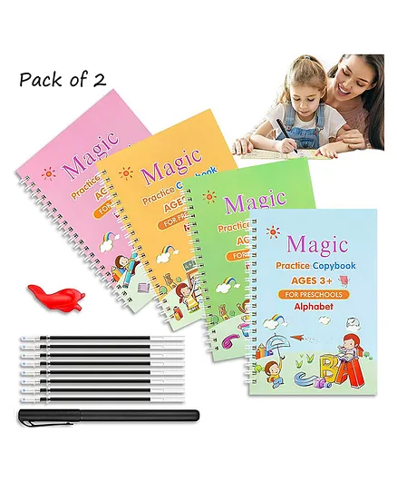 Vinmot Magic Set Of 4 Practice Copybook With 1 Pen & 1 Pen Grip & 8 Refills - Multicolor