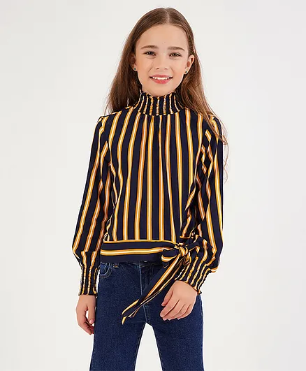 Primo Gino 100% Viscose Full Sleeves Stripe Top With Neck & Sleeve Smoking Detail - Navy Blue