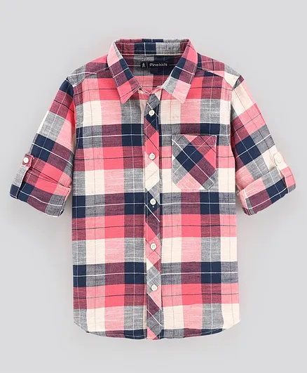 Pine Kids Full Sleeves Softner Wash Check Shirt - Pink