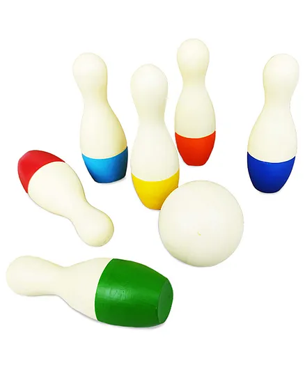 Wondrbox Wooden Handmade Mini Bowling Pins & Ball Toy Gift Set Handmade Pack of 7 - Multicolor